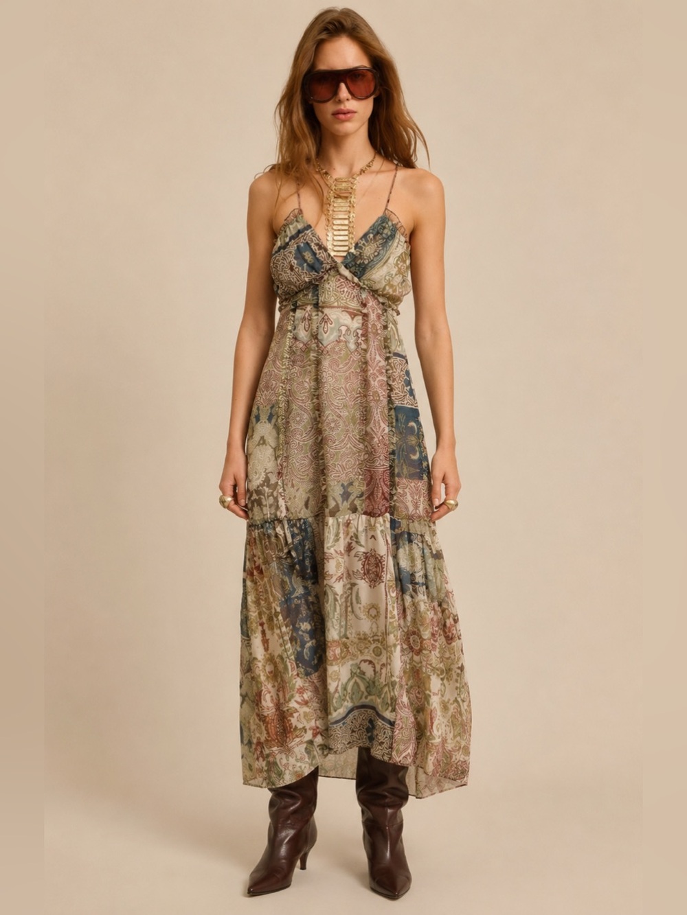 ZARA Bohemian Patchwork Long Dress w Thin Straps